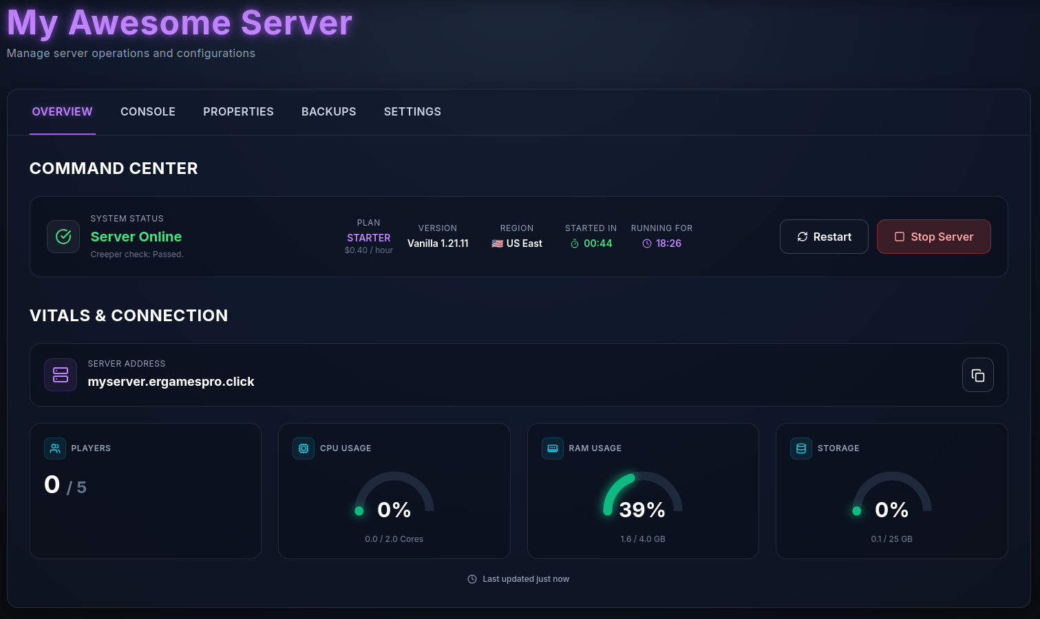 Server details view showing performance metrics, player activity, and configuration options